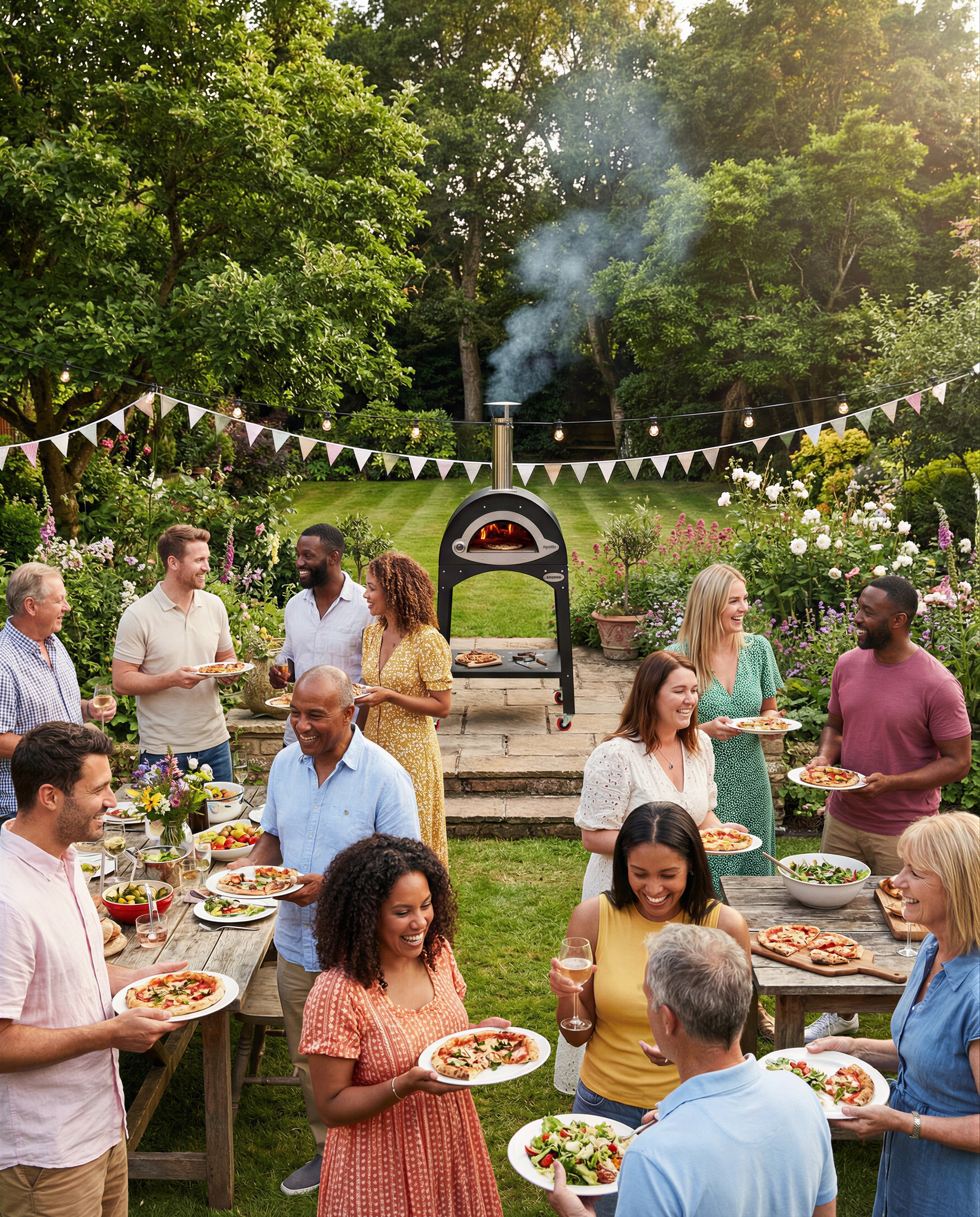 Group of people enjoying a barbecue outdoors with a pizza oven and garden decorations.