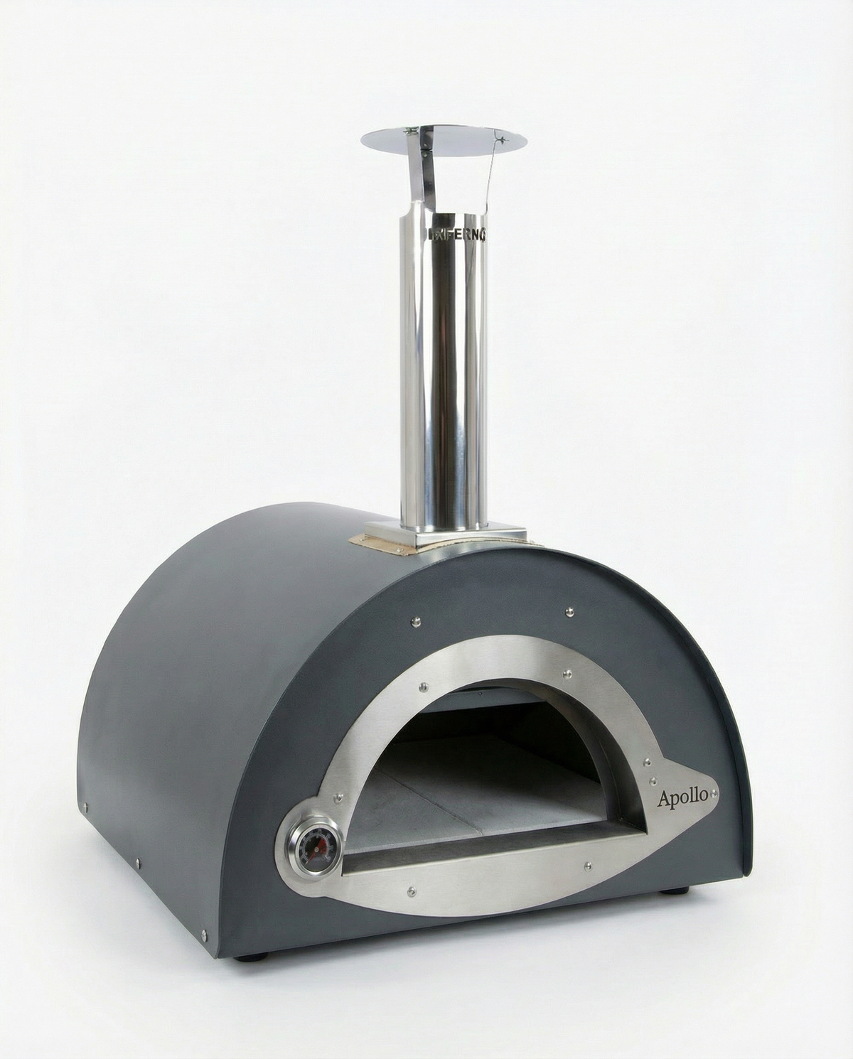 Gray outdoor pizza oven with silver accents on a white background
