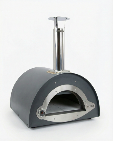 Gray outdoor pizza oven with silver accents on a white background