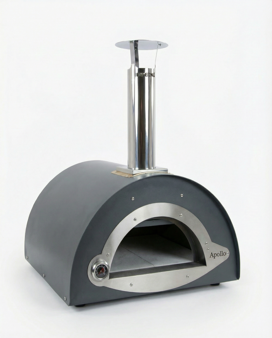 Gray outdoor pizza oven with silver accents on a white background