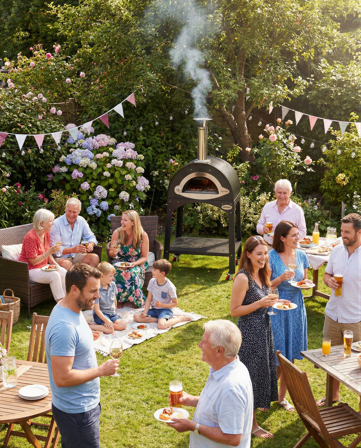 Family and friends enjoying a barbecue in a garden with a pizza oven.