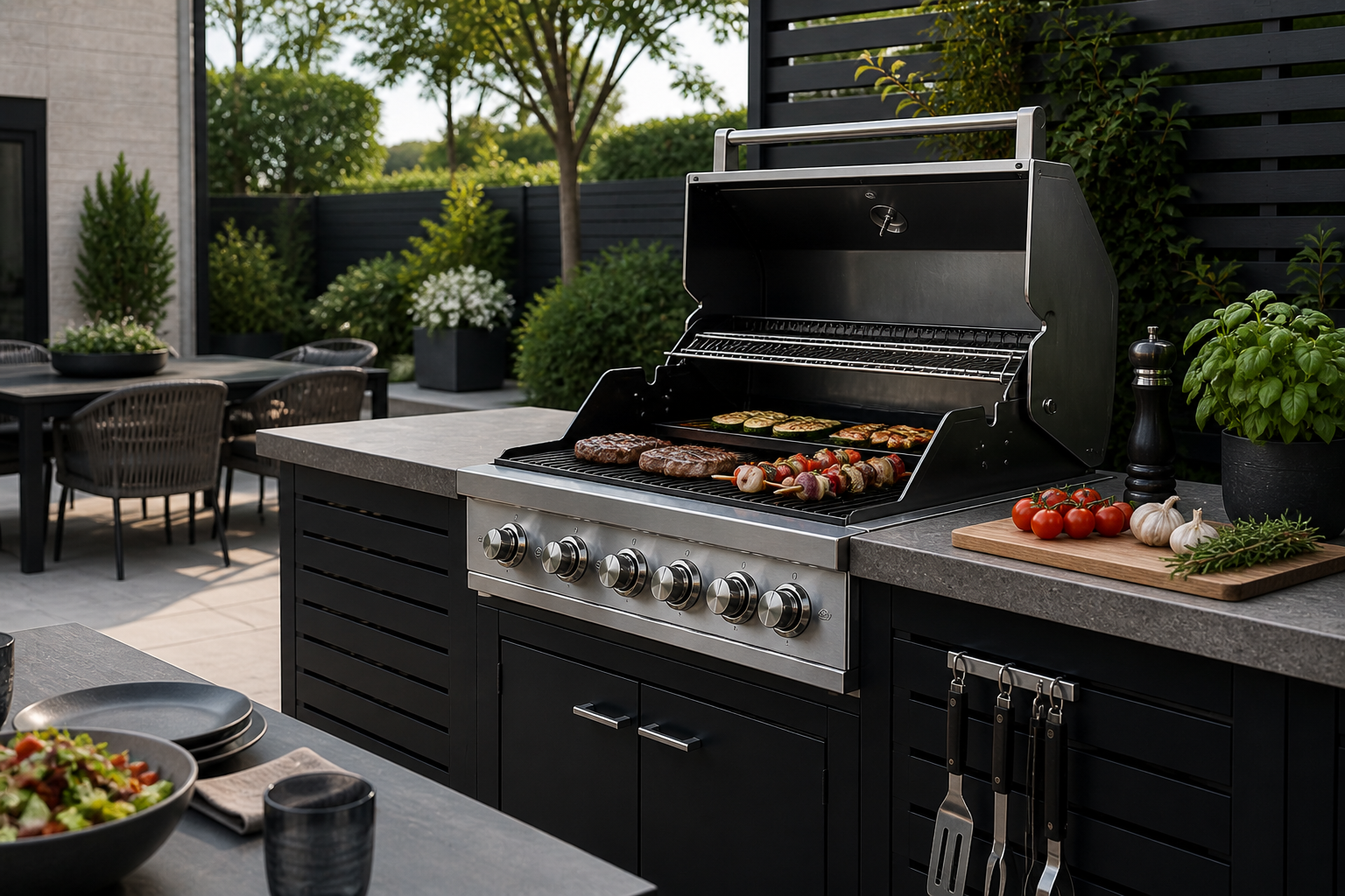 Outdoor kitchen with a grill cooking food, surrounded by plants and tables.