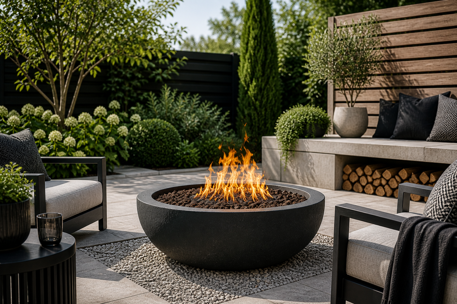 Outdoor patio with fire pit, chairs, and garden decor