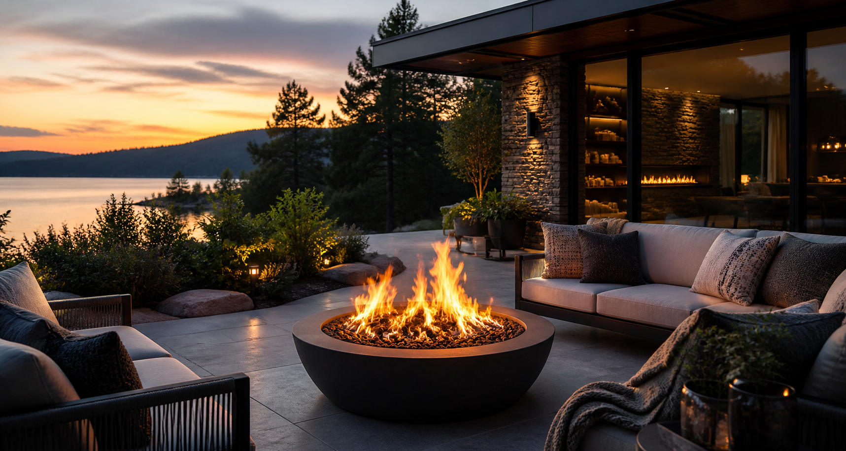 Outdoor patio with fire pit, couches, and scenic view of a lake at sunset.