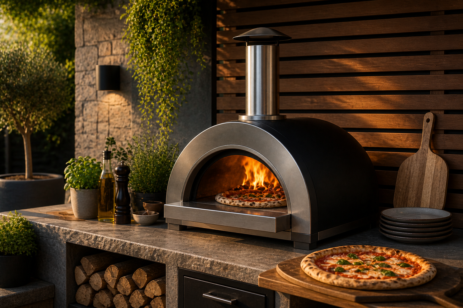 Outdoor pizza oven with a pizza inside, surrounded by plants and wooden logs.