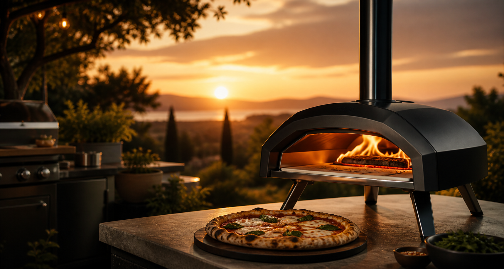 Outdoor pizza oven with pizza cooking at sunset